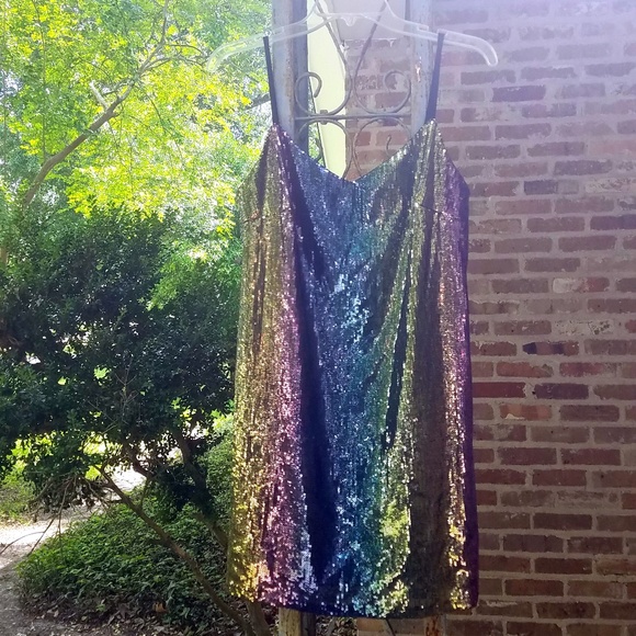 Mini Dark Rainbow Gradient Sequin Shift Dress NWOT - Picture 2 of 8